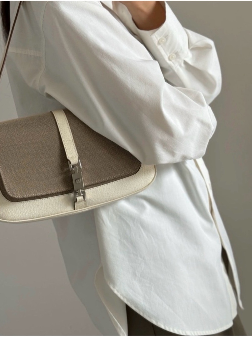 Rare Auth Gucci Jackie Mini Beige linen canvas Cream leather Shoulder Bag small - Picture 3 of 3